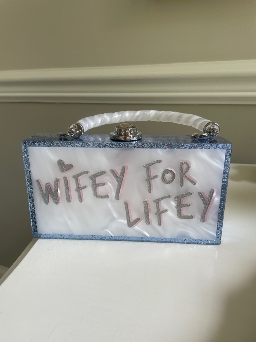 Sophia WebsterWifey For Lifey Acrylic Box Clutch in Pearl White and Glitter Blue